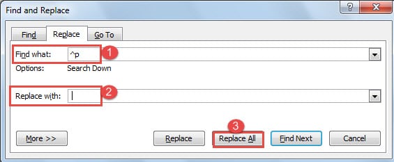 Enter "^p" in "Find what"->Enter One Space in "Replace with" Box->Click "Replace All"